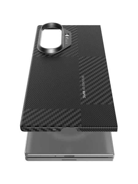 The Raptic Samsung Galaxy Z Fold 7 Geotik Aramid Fibre Skin is shown above the phone, highlighting its carbon fiber-style texture and precise camera cutout alignment.