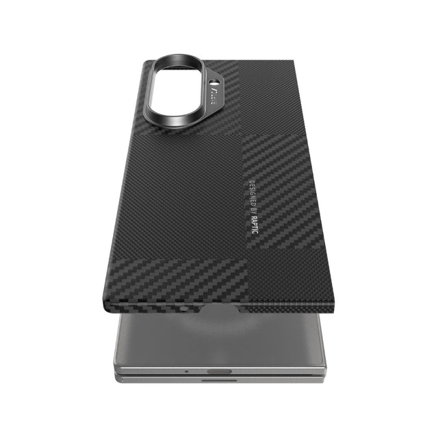 The Raptic Samsung Galaxy Z Fold 7 Geotik Aramid Fibre Skin is shown above the phone, highlighting its carbon fiber-style texture and precise camera cutout alignment.
