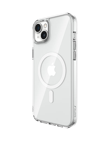 A clear Raptic Crystal MagSafe iPhone 15 case with a MagSafe ring on the back.