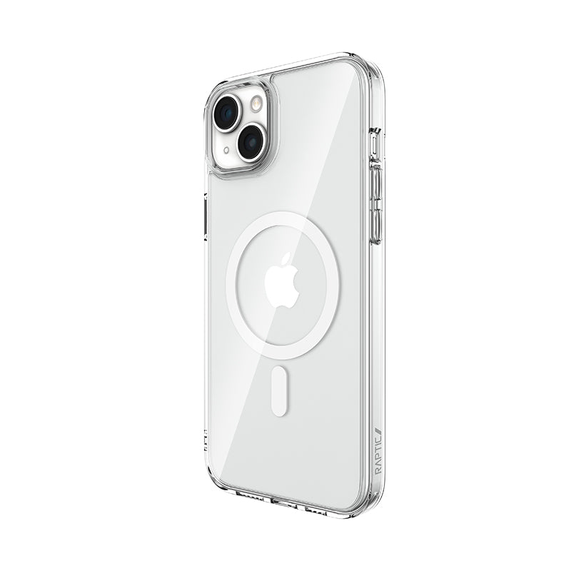 A clear Raptic Crystal MagSafe iPhone 15 case with a MagSafe ring on the back.