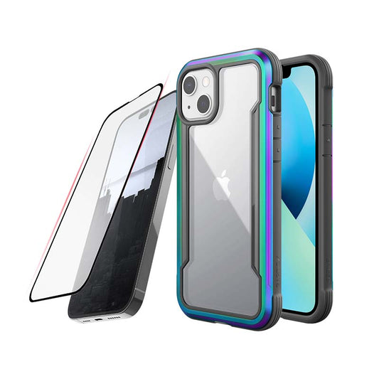 A bundle of an iPhone 13 Shield Glass Protection Bundle case with a Raptic Shield Pro screen protector and Raptic Glass Full Coverage screen protector.