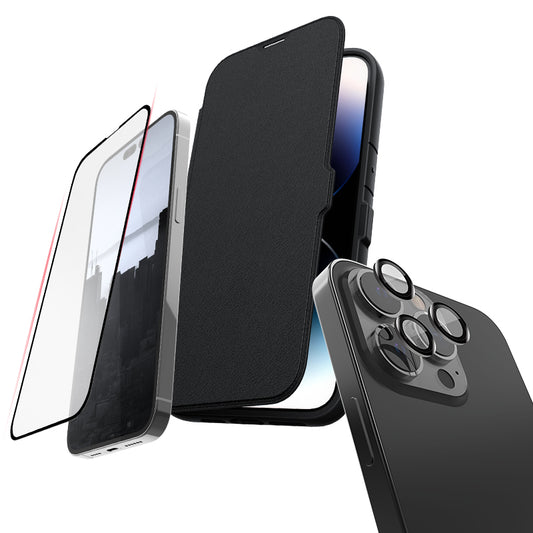 A Raptic Urban Folio with a phone and camera lens protection attached to it.