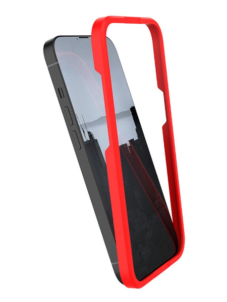 A red and black Raptic iPhone 15 Collection Privacy Glass Screen Protector with anti fingerprint coating is shown on a white background.