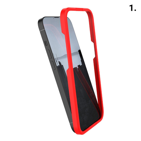 A red and black Raptic iPhone 15 Full Cover Glass case with a glass coating is shown on a white background.