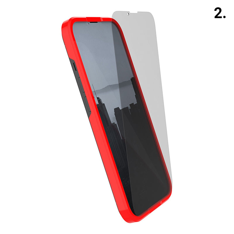A red and black phone case with a iPhone 15 Collection Privacy Glass Screen Protector featuring high quality glass by Raptic.