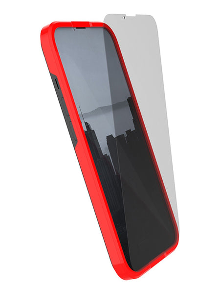 A red and black Raptic phone case with a Raptic Japanese glass screen protector.