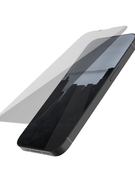 A black iPhone 15 Collection with a Raptic Privacy Glass Screen Protector.