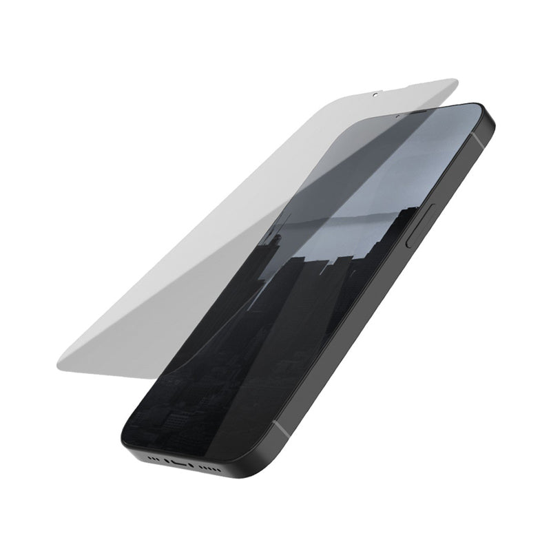 A black iPhone 15 Collection with a Raptic Privacy Glass Screen Protector.