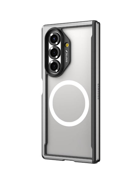 The Raptic SHIELD case for Samsung Galaxy Z Fold 7 in Black offers military-grade drop protection and features a clear design with a white circular MagSafe-compatible ring.