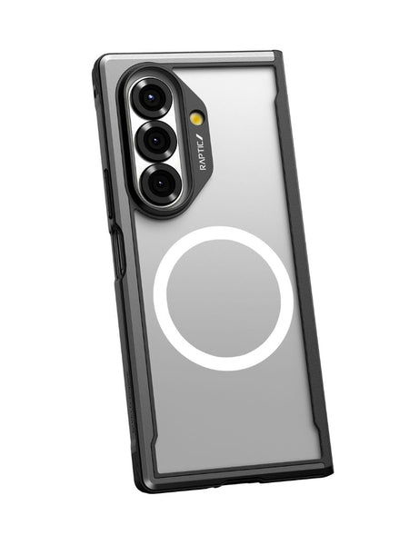 The Raptic SHIELD Black case for Samsung Galaxy Z Fold 7 offers military-grade drop protection, a transparent back with circular MagSafe-style design, and fits models with three rear cameras.