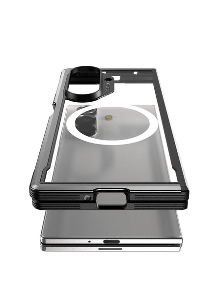 The Raptic SHIELD Black case for Samsung Galaxy Z Fold 7 features a transparent, black-edged design that highlights the camera cutout and buttons, while providing military-grade drop protection for your silver device.