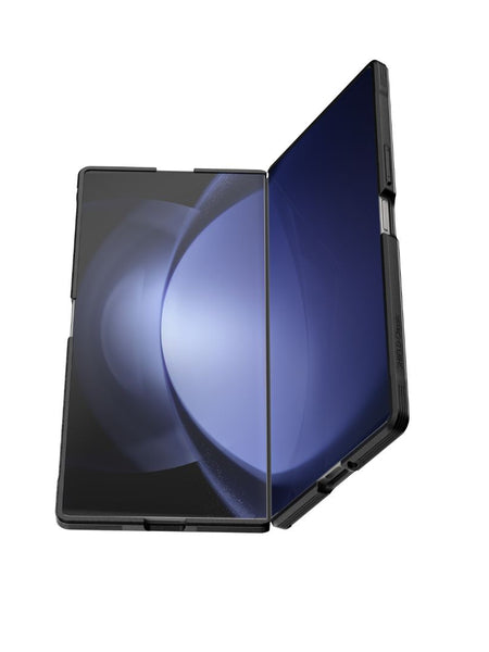 A Samsung Galaxy Z Fold 7 is partially open, showing a seamless display across both halves, protected by the Raptic SHIELD Black case with military-grade drop protection.