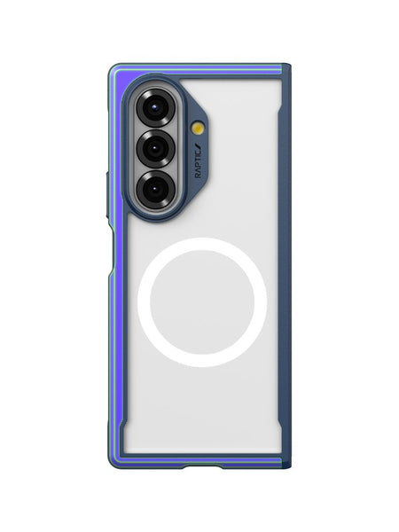 The Raptic SHIELD Iridescent case for Samsung Galaxy Z Fold 7 offers military-grade drop protection, three rear cameras support, and a MagSafe-compatible circular design on the back in a blue and clear finish.