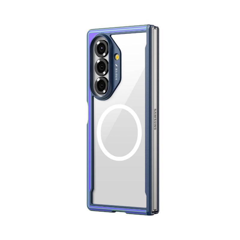 The Raptic SHIELD Iridescent case for Samsung Galaxy Z Fold 7 offers clear protection with blue edges, a MagSafe-compatible ring, triple camera cutout, and antimicrobial coating for extra hygiene.