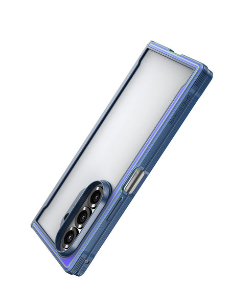 The Samsung Galaxy Z Fold 7 in an iridescent Raptic SHIELD case is shown at an angle, highlighting its triple rear camera and military-grade drop protection.