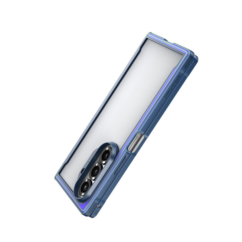 The Samsung Galaxy Z Fold 7 in an iridescent Raptic SHIELD case is shown at an angle, highlighting its triple rear camera and military-grade drop protection.