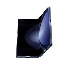 The Samsung Galaxy Z Fold 7 - SHIELD - Iridescent by Raptic is partially unfolded, showing its large flexible screen and modern design with military-grade drop protection against a white background.