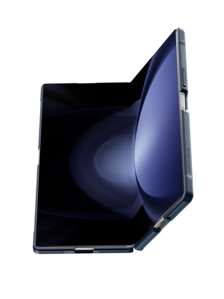 The Samsung Galaxy Z Fold 7 - SHIELD - Iridescent by Raptic is partially unfolded, showing its large flexible screen and modern design with military-grade drop protection against a white background.