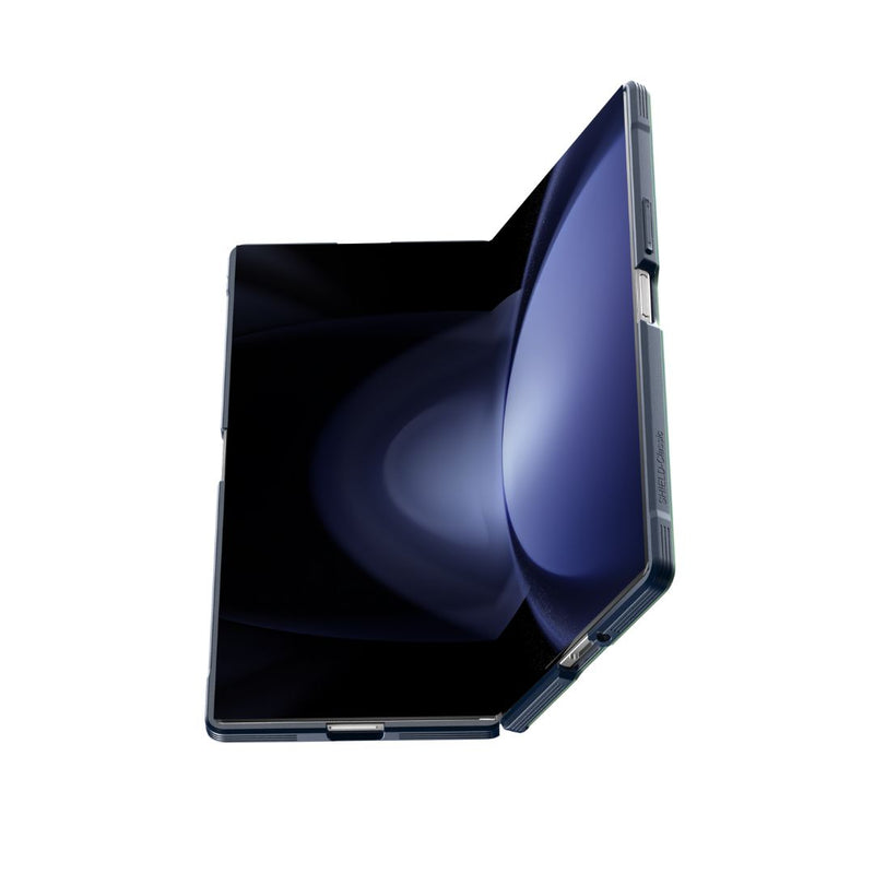 The Samsung Galaxy Z Fold 7 - SHIELD - Iridescent by Raptic is partially unfolded, showing its large flexible screen and modern design with military-grade drop protection against a white background.
