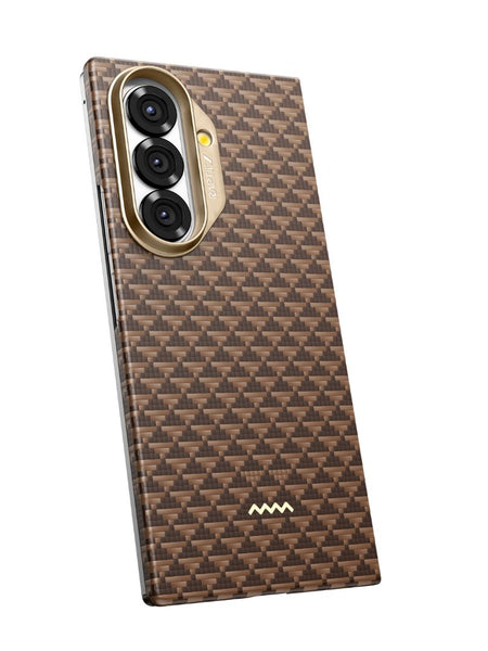 The Raptic Skin Origin Humble case for Samsung Galaxy Z Fold 7 features a brown aramid fiber pattern, gold triple-lens camera module, small gold logo, and MagSafe compatibility—ideal for stylish protection.