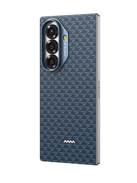 The Raptic Skin Profound case for Samsung Galaxy Z Fold 7 features a textured blue aramid fiber finish, triple rear camera cutout, silver side button detail, and is MagSafe compatible.