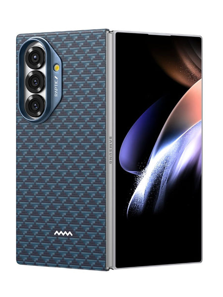 The Samsung Galaxy Z Fold 7 - Skin Profound by Raptic is a foldable smartphone, partially open to reveal its large display and textured blue back with three rear cameras, protected by a MagSafe compatible aramid fiber case.