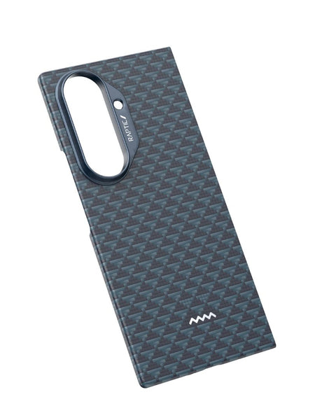 The Raptic Skin Profound case for Samsung Galaxy Z Fold 7 features textured black aramid fiber, a large camera cutout, MagSafe compatibility, and an 