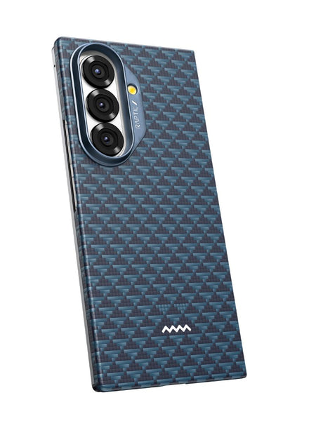 The Samsung Galaxy Z Fold 7 - Skin Profound by Raptic is a MagSafe-compatible smartphone with a blue aramid fiber textured case, featuring three vertically arranged rear cameras and a flash beside them.