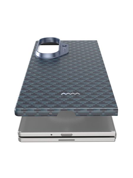 The Raptic Skin Profound aramid fiber case, featuring a textured blue-gray pattern and raised camera cutout, partially covers a silver Samsung Galaxy Z Fold 7 against a white background.
