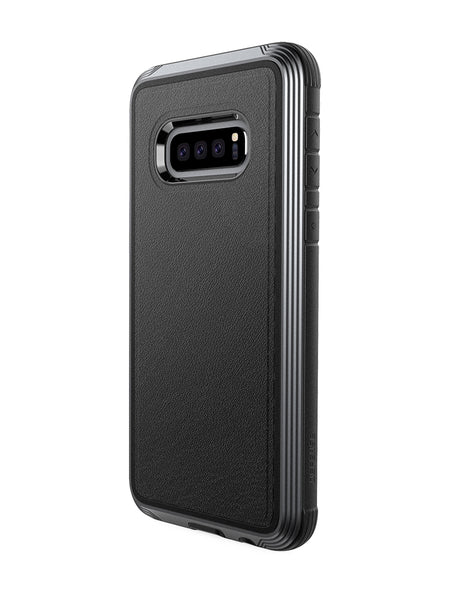 The Samsung Galaxy S10e protective case, Raptic Lux Black Leather, is shown in black.