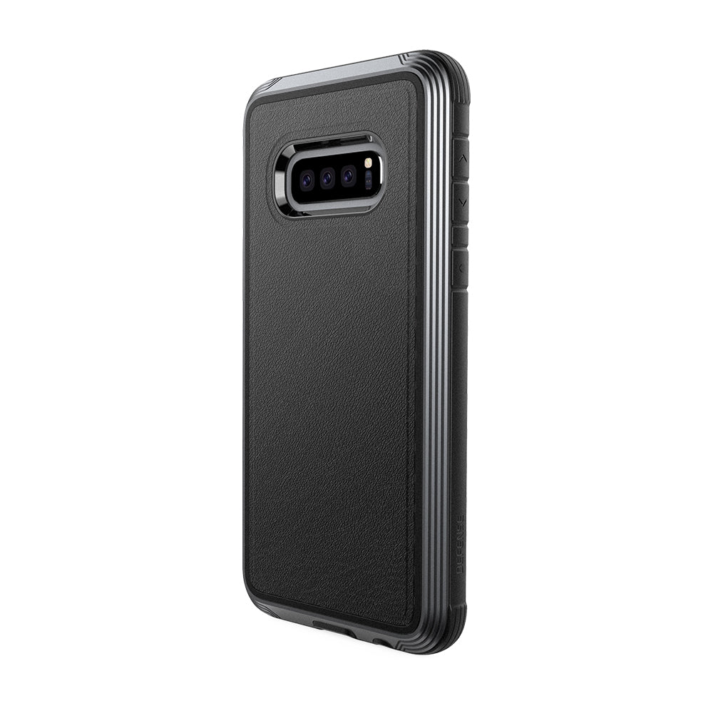 The Samsung Galaxy S10e protective case, Raptic Lux Black Leather, is shown in black.