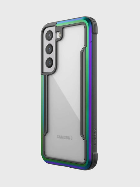 A Raptic SHIELD case for Samsung Galaxy S24 Plus with drop protection and a rainbow colored back.