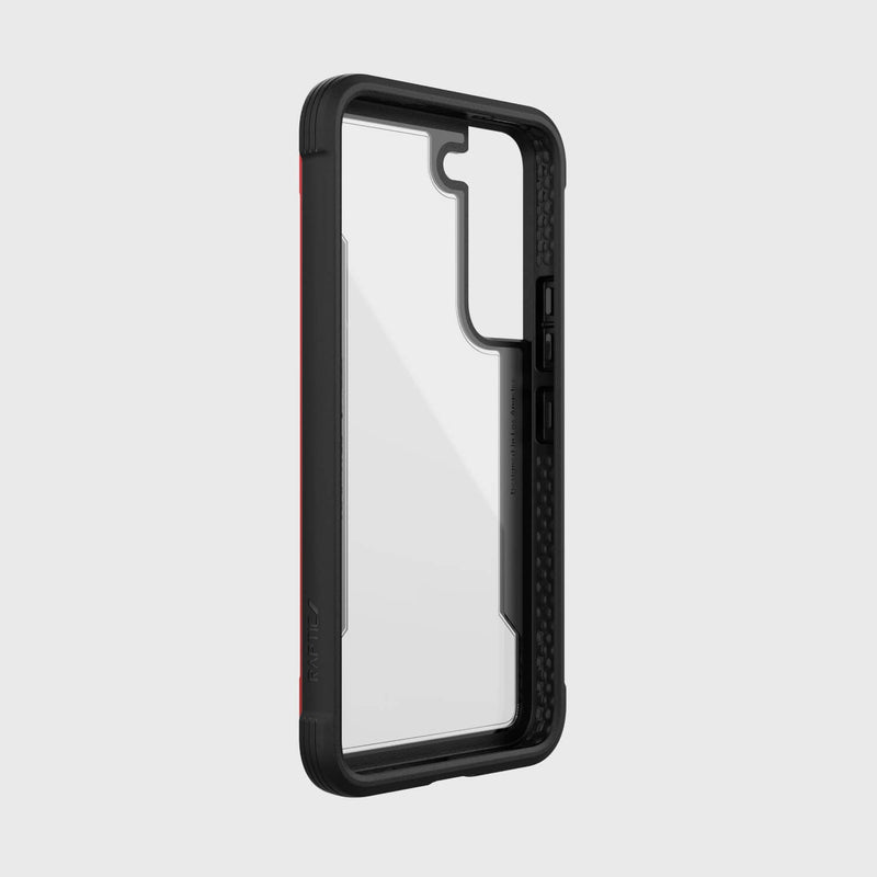 A black and red Raptic case with drop protection for the Samsung Galaxy S22 SHIELD.