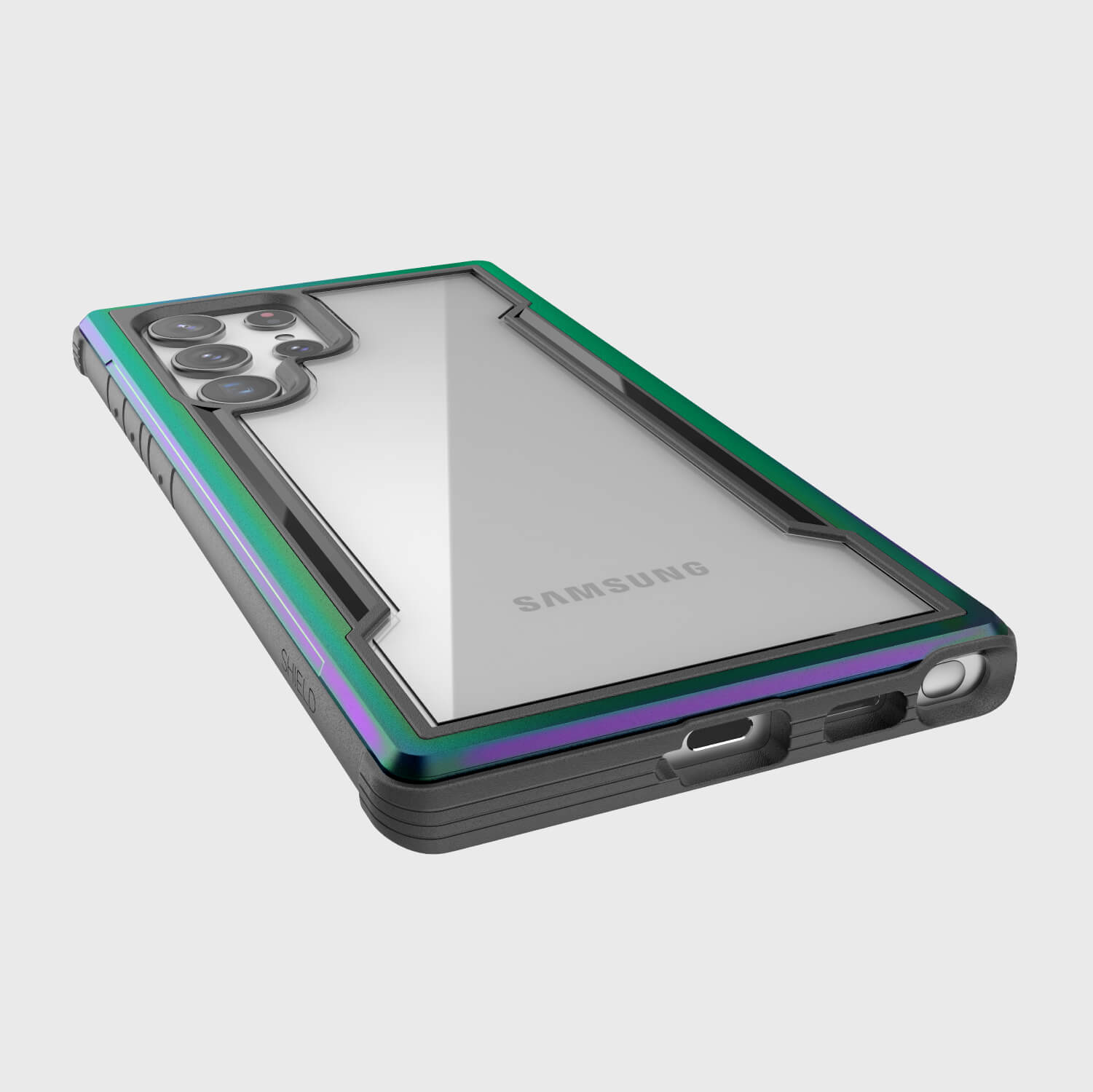 A Raptic Samsung Galaxy S22 Ultra Case - SHIELD with a rainbow colored back.