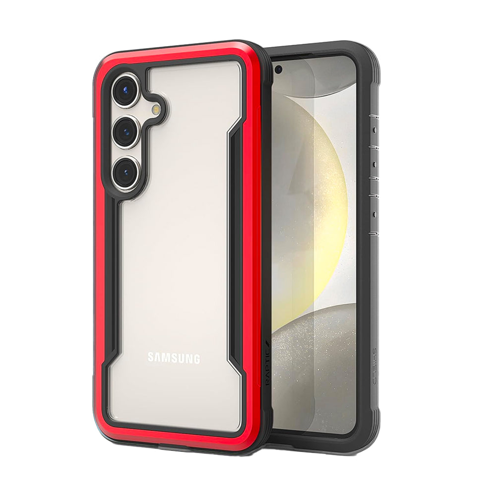 The Samsung Galaxy S24 case, specifically the Raptic Shield case, provides excellent drop protection and comes in a stylish red and black design.