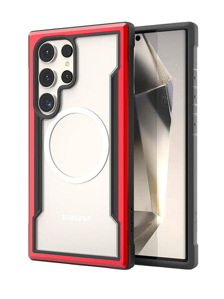The Raptic Samsung Galaxy S24 Ultra MagSafe Case - SHIELD is designed with a raised bezel around the edges, providing military-grade drop protection. Additionally, it features a ring on the back, making it compatible with magnetic accessories.