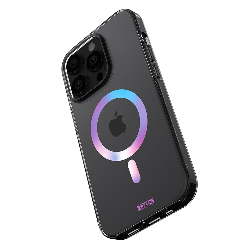 The back of an iPhone 15 MagFx MagSafe case with a rainbow light on it, compatible with MagSafe charger and wireless charging - Bryten by Raptic.