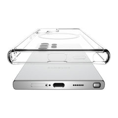 A protective clear case on top of a partially visible Samsung Galaxy S24 shows the bottom edge with the charging port, speaker, and S Pen slot, offering both transparency and shock absorption. The Samsung Galaxy S24 Clear MagSafe Case - Raptic CLEAR by Raptic provides an excellent combination of visibility and durability.