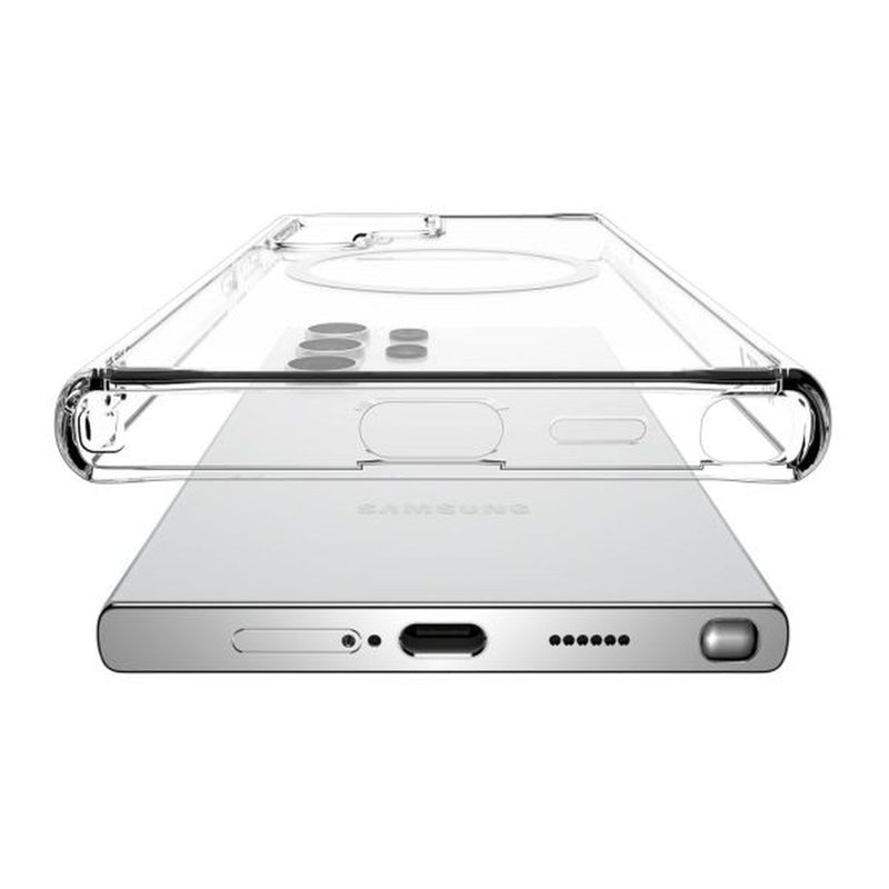 A protective clear case on top of a partially visible Samsung Galaxy S24 shows the bottom edge with the charging port, speaker, and S Pen slot, offering both transparency and shock absorption. The Samsung Galaxy S24 Clear MagSafe Case - Raptic CLEAR by Raptic provides an excellent combination of visibility and durability.