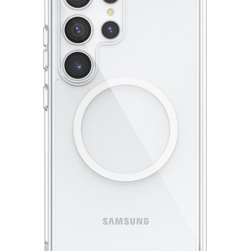 The Raptic Samsung Galaxy S24 Clear MagSafe Case - Raptic CLEAR features a clear protective design showcasing its prominent camera setup and a circular magnet-like pattern in the center, offering enhanced shock absorption for added durability.