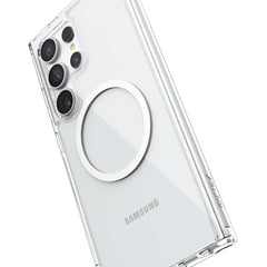 The shock absorption Raptic Samsung Galaxy S24 Clear MagSafe Case - Raptic CLEAR, with a built-in ring stand, is shown on a white smartphone, displaying the rear camera system.