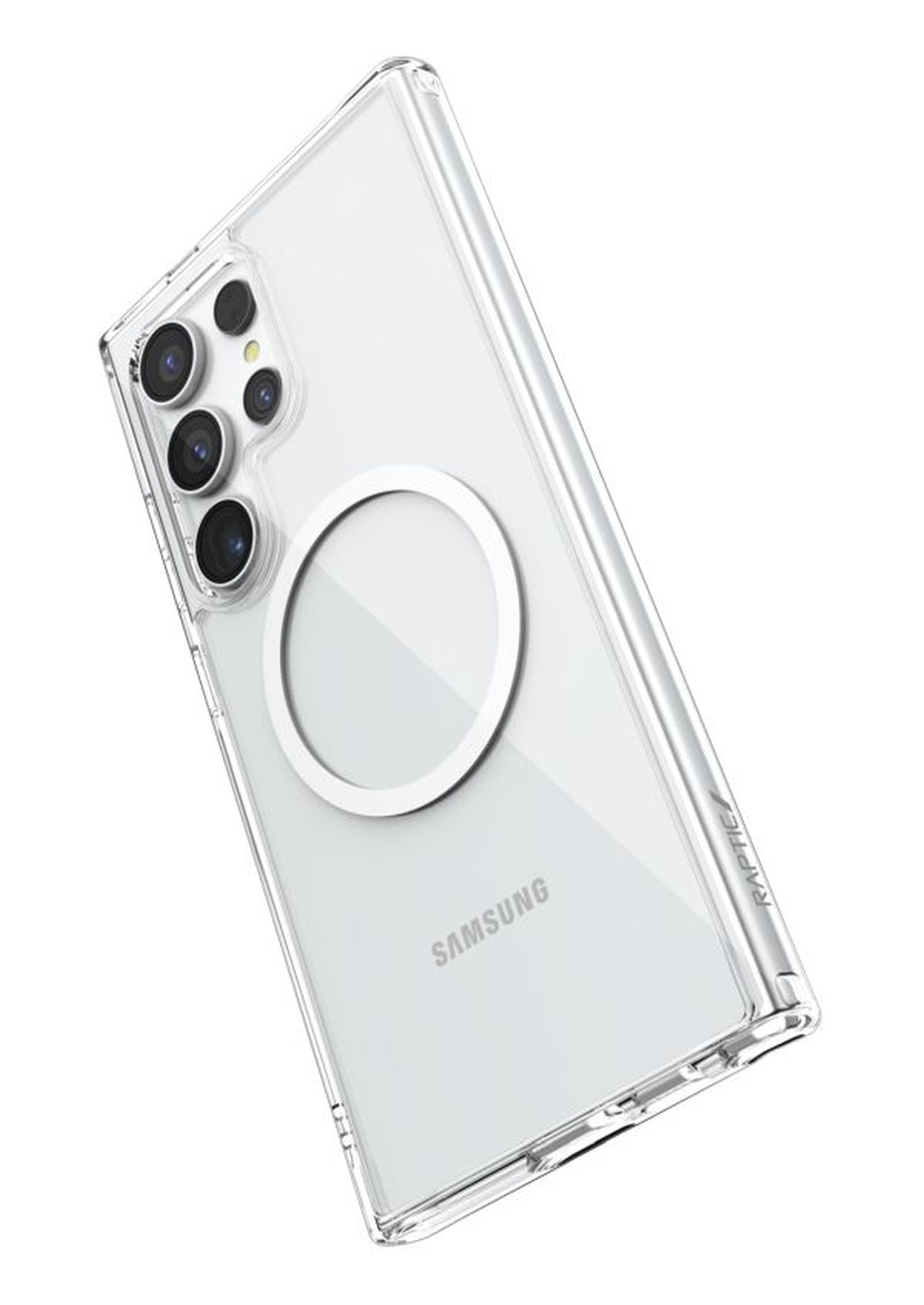 An Ultra Clear Raptic Samsung Galaxy S24 Series - Raptic CLEAR case with a ring on the back.