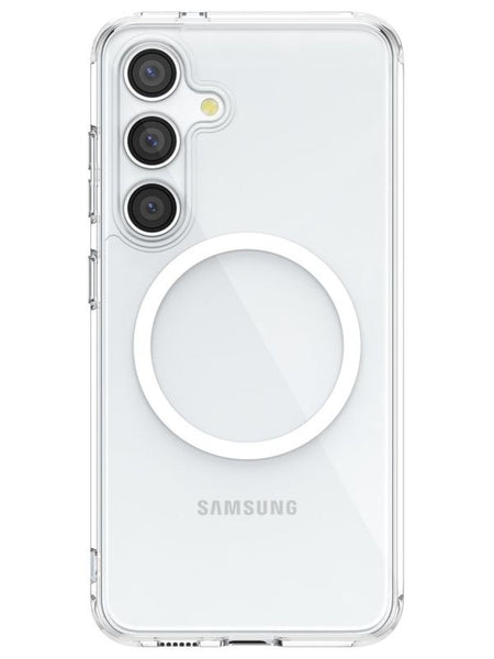 A white Samsung Galaxy S24 with three rear cameras and a circular attachment on the back, encased in a protective clear case designed for shock absorption by Raptic.