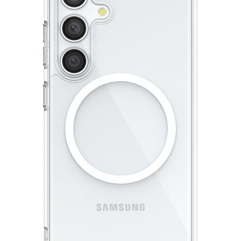 A white Samsung Galaxy S24 with three rear cameras and a circular attachment on the back, encased in a protective clear case designed for shock absorption by Raptic.