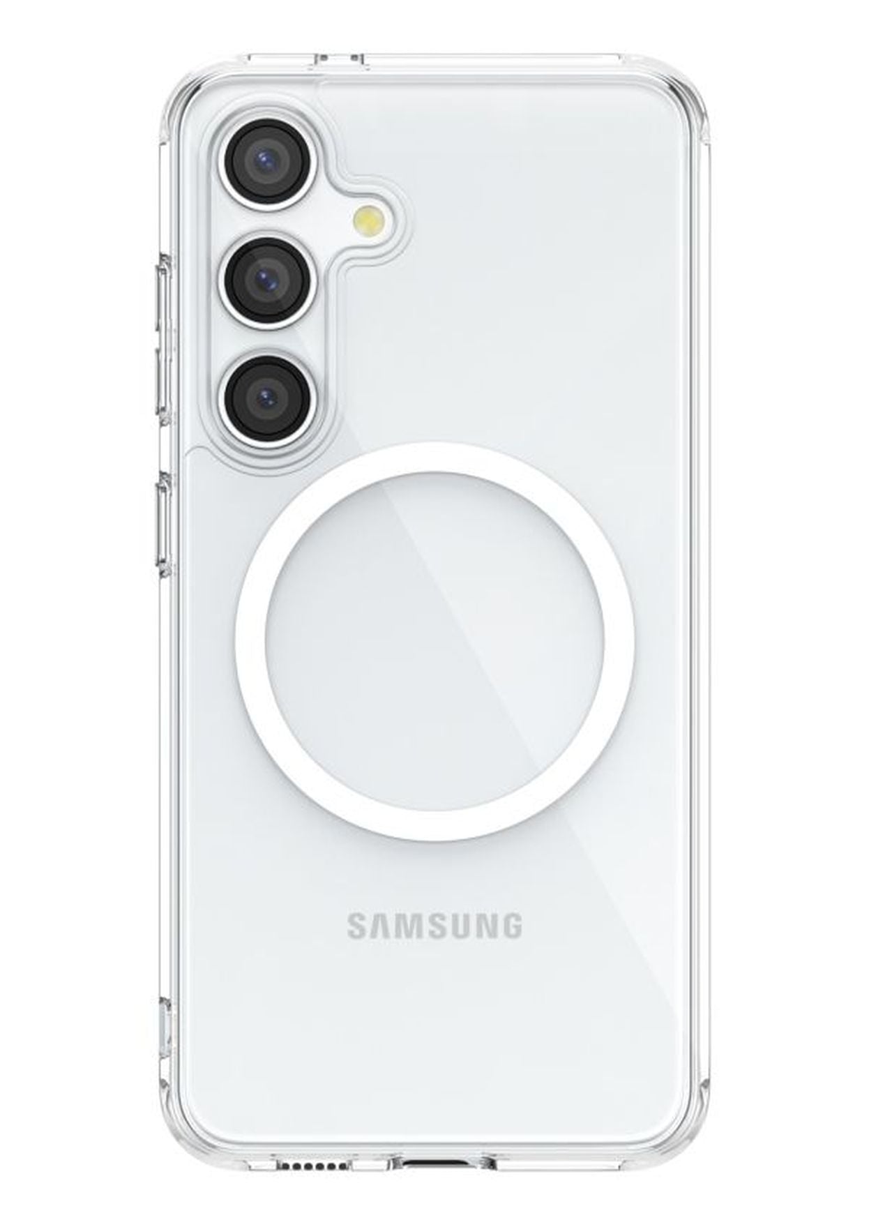 A protective Raptic CLEAR Samsung Galaxy S24 Series case with a clear design and a ring on the back for drop protection.