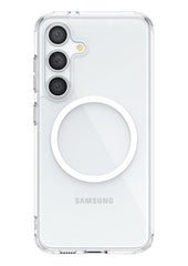 A protective Raptic CLEAR Samsung Galaxy S24 Series case with a clear design and a ring on the back for drop protection.