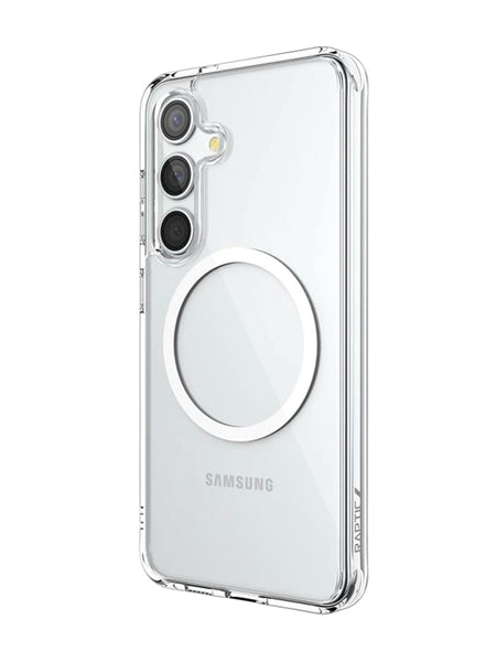 Protective clear Samsung Galaxy S24 Clear MagSafe Case - Raptic CLEAR on a white smartphone, featuring three rear cameras and a circular magnetic ring in the center, offering excellent shock absorption.
