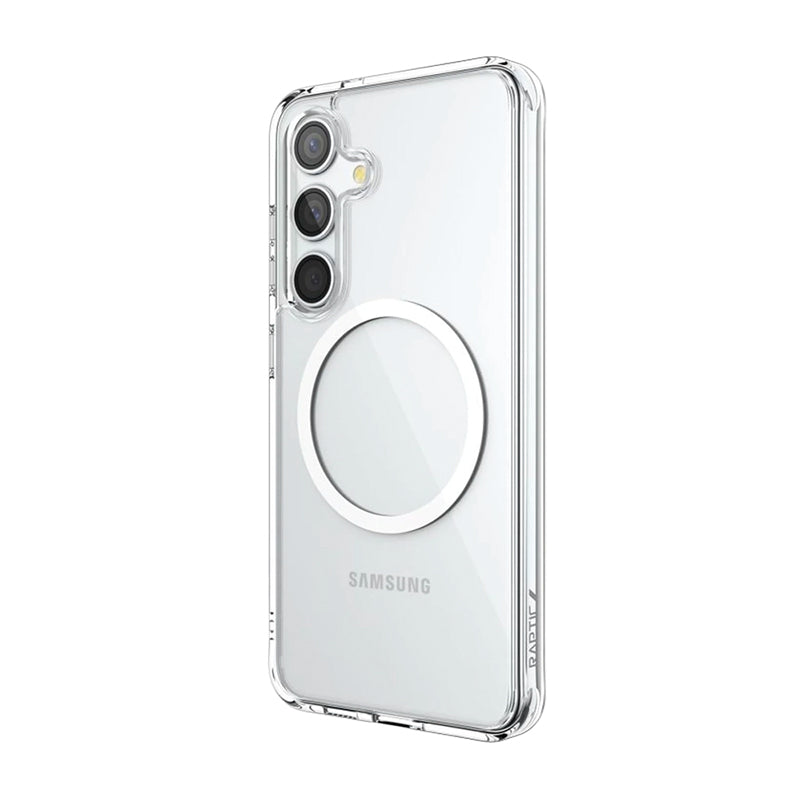 Protective clear Samsung Galaxy S24 Clear MagSafe Case - Raptic CLEAR on a white smartphone, featuring three rear cameras and a circular magnetic ring in the center, offering excellent shock absorption.