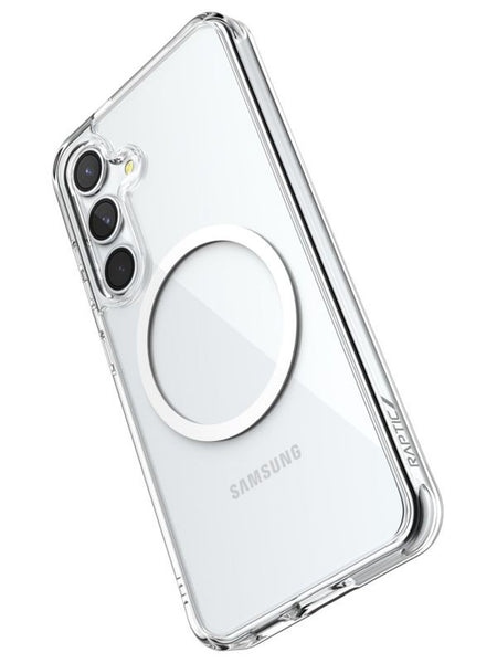 Clear protective case on a white Samsung Galaxy S24 smartphone with three rear cameras, featuring a centered circular ring mount and enhanced shock absorption, the Samsung Galaxy S24 Clear MagSafe Case - Raptic CLEAR by Raptic.