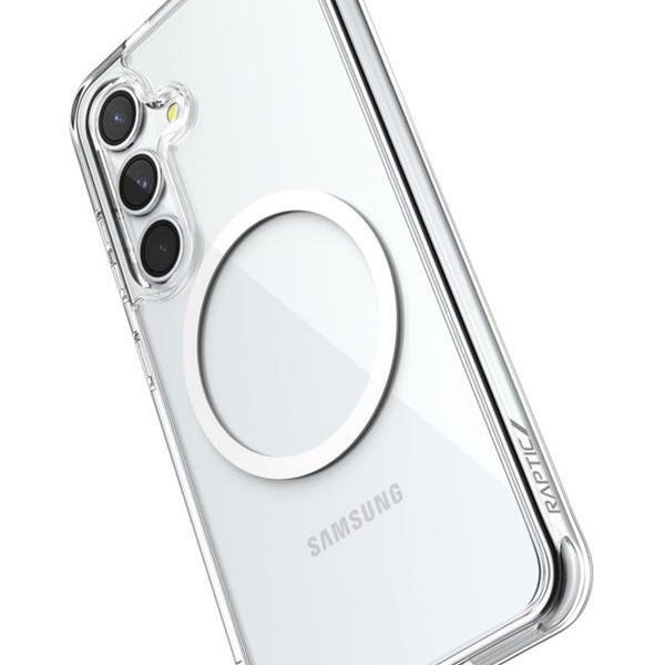 Clear protective case on a white Samsung Galaxy S24 smartphone with three rear cameras, featuring a centered circular ring mount and enhanced shock absorption, the Samsung Galaxy S24 Clear MagSafe Case - Raptic CLEAR by Raptic.